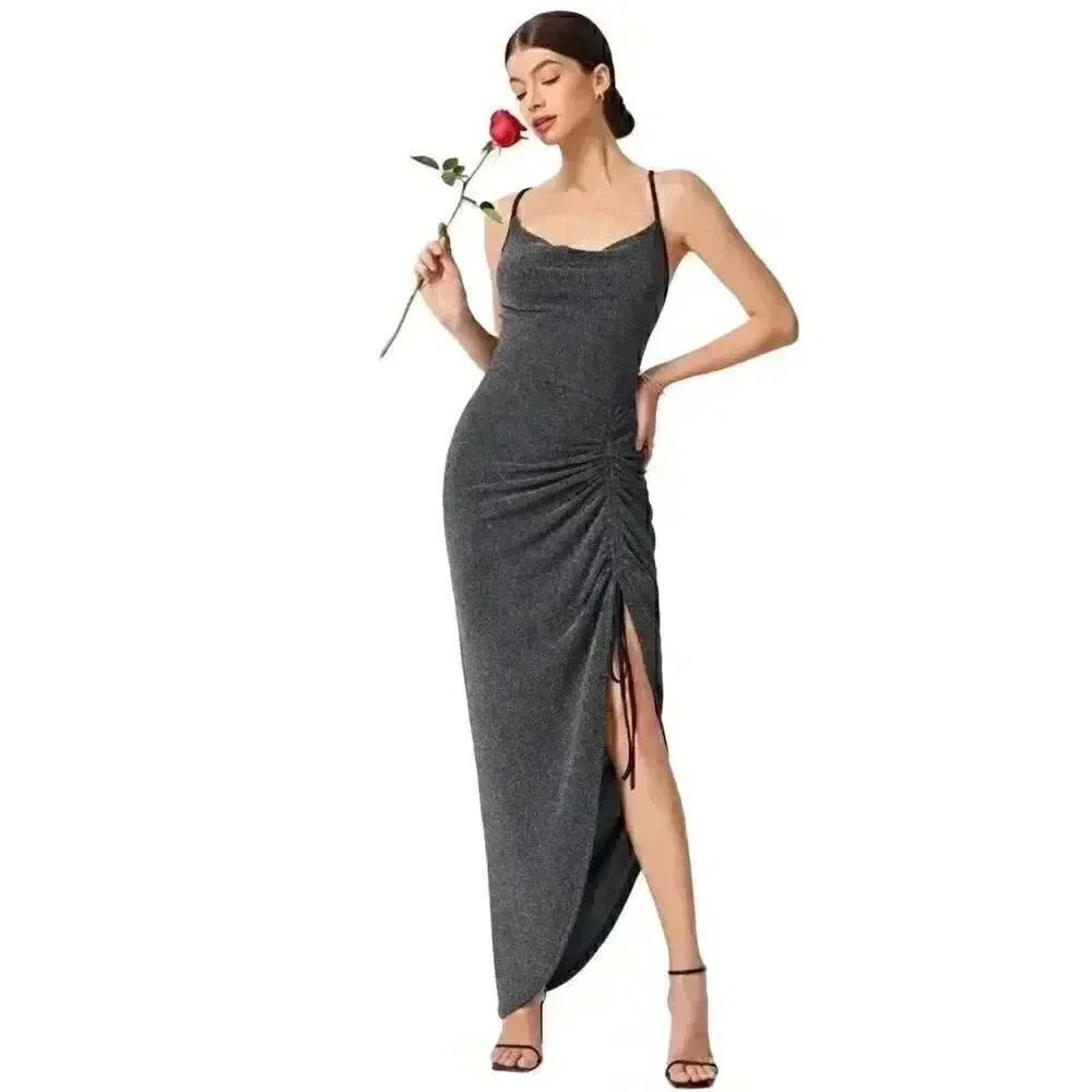 BCBGENERATION Women's Silver/Gray Poly/Spandex Cowl Neck Ruched Split Thigh Cami